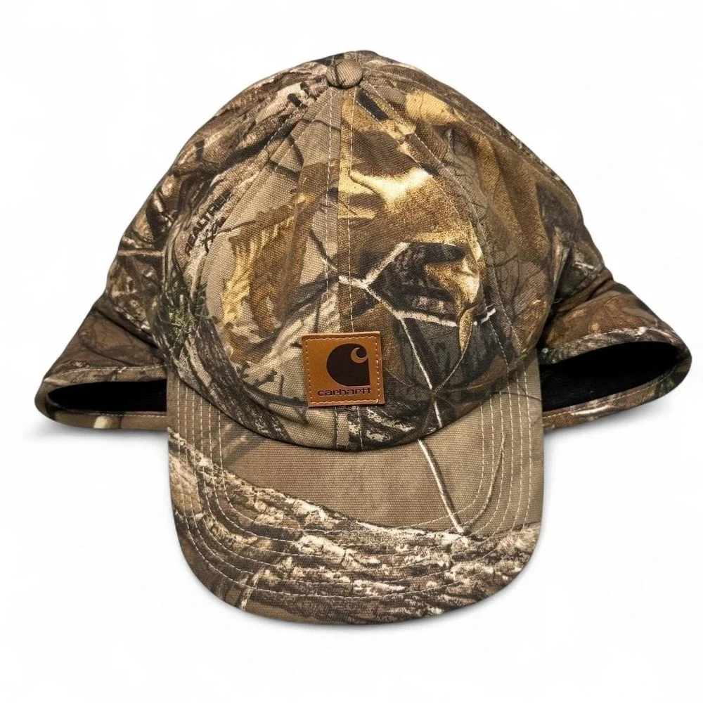 Carhartt Camo Ear Flap Cap 101477 Hunting Hat Fleece Lined Outdoors Utility Warm